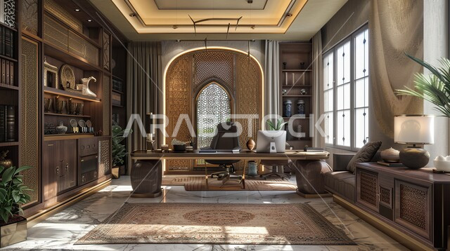 تصميم عصري وفاخر لمكاتب الشركات في المملكة العربية السعودية، غرفة الأعمال الواسعة المجهزة بالمعدات والادوات، غرف مكتبية بتصاميم داخلية وديكورات راقية، مجسمات أنيقة لمكتب عمل حديث متطور، الاطلالة على المدينة من خلال النوافذ الزجاجية الكبيرة