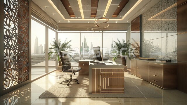 تصميم عصري وفاخر لمكاتب الشركات في المملكة العربية السعودية، غرفة الأعمال الواسعة المجهزة بالمعدات والادوات، غرف مكتبية بتصاميم داخلية وديكورات راقية، مجسمات أنيقة لمكتب عمل حديث متطور، الاطلالة على المدينة من خلال النوافذ الزجاجية الكبيرة