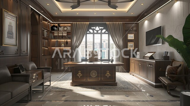 تصميم عصري وفاخر لمكاتب الشركات في المملكة العربية السعودية، غرفة الأعمال الواسعة المجهزة بالمعدات والادوات، غرف مكتبية بتصاميم داخلية وديكورات راقية، مجسمات أنيقة لمكتب عمل حديث متطور، الاطلالة على المدينة من خلال النوافذ الزجاجية الكبيرة