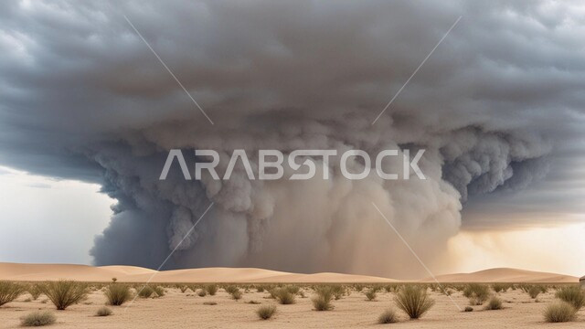 Dry and harsh desert climate, desert areas in Saudi Arabia, view of cloudy sky, sand hills and dunes, soft golden sand, desert landscape in Saudi Arabia