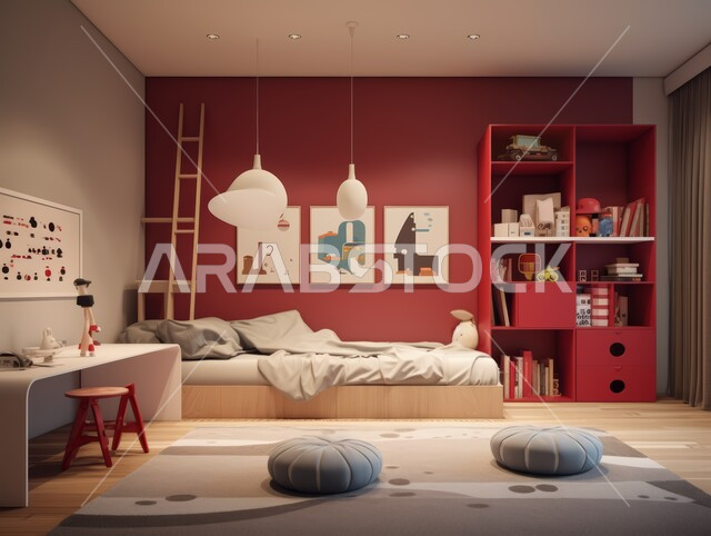 غرفة نوم أطفال بتصاميم حديثة باللون الأحمر والأبيض ،الديكور الداخلي للفلل والشقق السكنية في المملكة العربية السعودية ،غرف بأثاث أنيق  وألوان هادئة ،الديكورات والتصاميم العصرية على الطراز الحديث ،كرسي مريح وطاولة للدراسة ،اكسسوارات وتحف منزلية