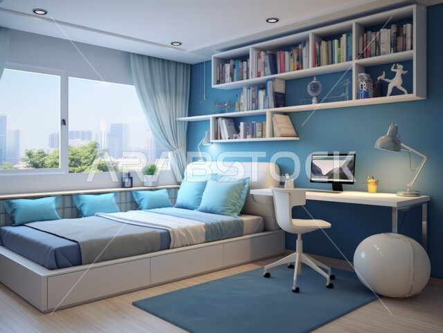 غرفة نوم أطفال بتصاميم حديثة باللون الأزرق والأبيض ،الديكور الداخلي للفلل والشقق السكنية في المملكة العربية السعودية ،غرف بأثاث أنيق  وألوان هادئة ،الديكورات والتصاميم العصرية على الطراز الحديث ،كرسي مريح وطاولة للدراسة ،واجهة ونافذة زجاجية مطلة على الطبيعة 