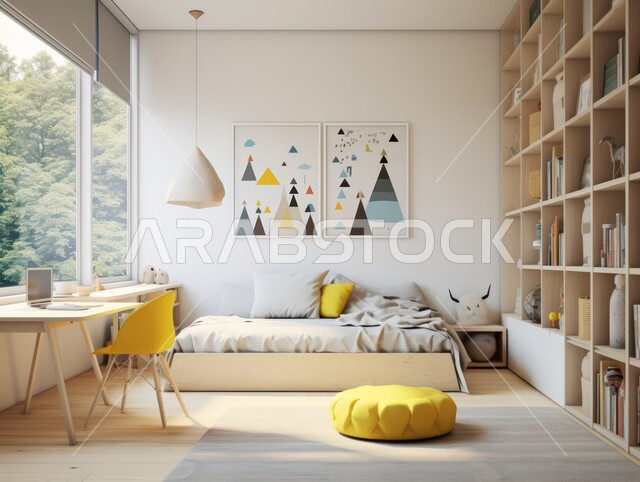 غرفة نوم أطفال حديثة باللونين الأبيض والأصفر ،الديكور الداخلي للفلل والشقق السكنية في المملكة العربية السعودية  ،الديكورات والتصاميم العصرية على الطراز الحديث ،اكسسوارات وتحف منزلية ،نوافذ وواجهات زجاجية