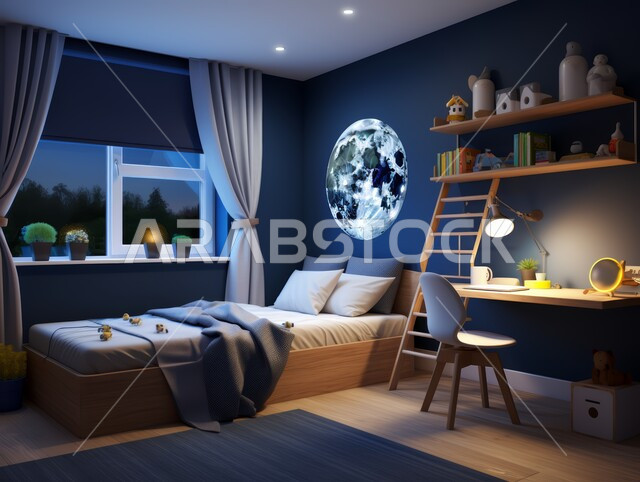 The concept of calm, comfort and relaxation, a modern bedroom in dark blue, interior decoration of villas and residential apartments in the Kingdom of Saudi Arabia, modern decorations and designs in a modern style, home accessories and antiques, a comfortable chair and a study table