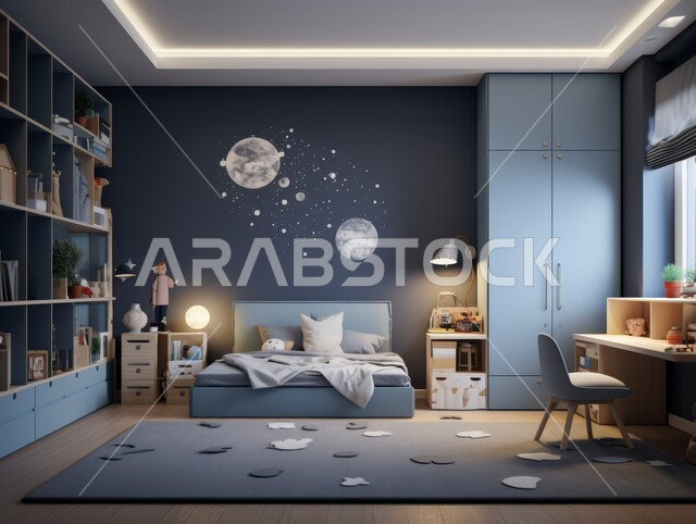 مفهوم الهدوء والراحة والاسترخاء ،التصاميم الداخلية لغرف النوم باللون الأزرق الداكن ،الديكورات الراقية للفلل والشقق السكنية في المملكة العربية السعودية ،اكسسوارات وتحف عصرية ،أثاث منزلي فاخر