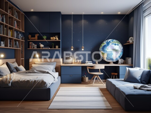 The concept of calm, comfort and relaxation, interior designs for bedrooms in dark blue, high-end decorations for villas and residential apartments in the Kingdom of Saudi Arabia, modern accessories and antiques, luxury home furniture