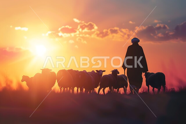 أضاحي وقربان عيد الأضحى المبارك ، الاهتمام بتربية الثدييات والمواشي ، صورة ظلية لراعي يرعى قطيعا من الأغنام ، منظر غروب الشمس في المناطق الطبيعية بالمملكة العربية السعودية 