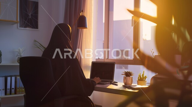 Sending email via computer, using modern and advanced technologies at work, office jobs and professions in Saudi Arabia, a veiled Saudi Arabian Gulf woman wearing a colorful abaya sitting in the office and typing on the keyboard, communicating with clients remotely
