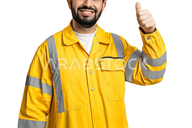 رفع اصبع الإبهام بعلامة الجودة ، مفهوم الهندسة والانشاءات المعمارية ، بورتريه مقرب لمهندس عربي خليجي سعودي يرتدي سترة الحماية مبتسم أمام الكاميرا بإيماءات السرور ، العمل في القطاع الهندسي، مهن ووظائف سعودية ، الإعمار بسواعد أبناء الوطن ، خلفية بيضاء