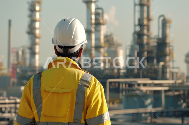  مفهوم الهندسة والانشاءات المعمارية ، بورتريه مقرب من الخلف لمهندس عربي خليجي سعودي يرتدي سترة الحماية أمام الكاميرا ، العمل في القطاع الهندسي ، مهن ووظائف سعودية ، الإعمار بسواعد أبناء الوطن 