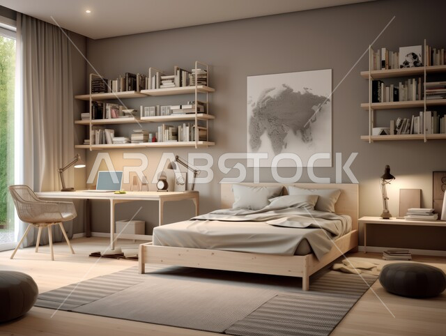 غرفة نوم حديثة باللون البيج ،الديكورات الداخلية الراقية للفلل والشقق السكنية في المملكة العربية السعودية ،التصاميم الداخلية لغرف النوم على الطراز الحديث ،اكسسوارات وتحف عصرية ،كرسي وطاولة للدراسة ،أثاث أنيق ومريح