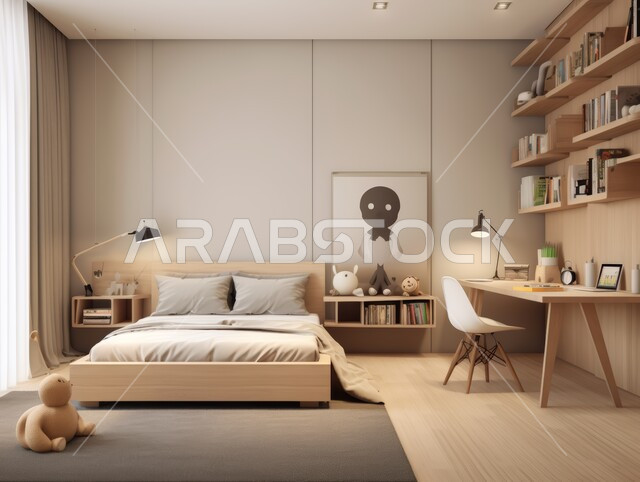 غرفة نوم حديثة باللون البيج ،الديكورات الداخلية الراقية للفلل والشقق السكنية في المملكة العربية السعودية ،التصاميم الداخلية لغرف النوم على الطراز الحديث ،اكسسوارات وتحف عصرية ،كرسي وطاولة للدراسة ،أثاث أنيق ومريح