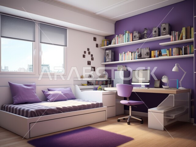 Modern bedroom in nude color, high-end interior decorations for villas and residential apartments in the Kingdom of Saudi Arabia, modern bedroom interior designs, modern accessories and antiques, comfortable chair and study table, elegant and comfortable furniture, windows and glass facades