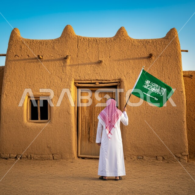 زاوية من الخلف لرجل عربي خليجي سعودي يحمل علم السعودية، الجمال التاريخي لمدائن صالح في محافظة العلا بالمملكة العربية السعودية، معالم تاريخية وأثرية قديمة في بلدة العلا القديمة، التكوينات الصخرية، هوية اليوم الوطني السعودي 92 ، رؤية السعودية 2030