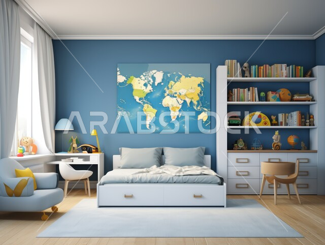 غرفة نوم حديثة باللونين الأبيض والأزرق ،الديكورات الراقية للفلل والشقق السكنية في المملكة العربية السعودية ،التصاميم الداخلية لغرف النوم على الطراز الحديث ،اكسسوارات وتحف عصرية ،كرسي مريح وطاولة للدراسة ،أثاث أنيق ومريح ،النوافذ والواجهات الزجاجية