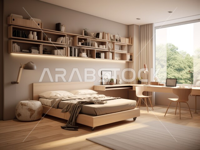 غرفة نوم حديثة باللون البيج ،الديكورات الراقية للفلل والشقق السكنية في المملكة العربية السعودية ،التصاميم الداخلية لغرف النوم على الطراز الحديث ،اكسسوارات وتحف عصرية ،كرسي مريح وطاولة للدراسة ،أثاث أنيق ومريح ،النوافذ والواجهات الزجاجية