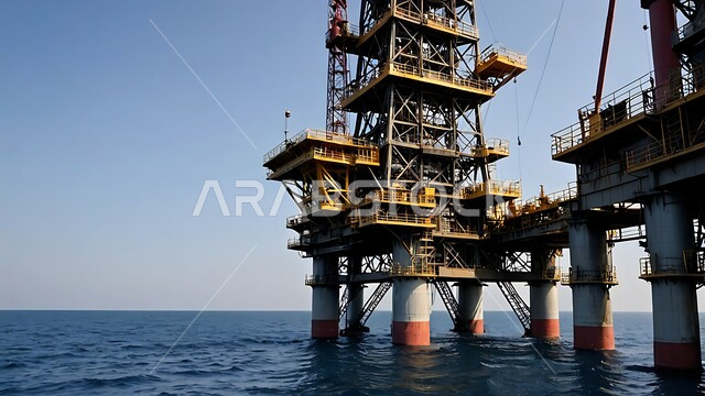 Extraction and export of underground resources, oil refinery for extracting oil, drilling rig for oil exploration in the middle of the sea in the Kingdom of Saudi Arabia, huge drilling machines, quality of tools and equipment for the petroleum industry and storage