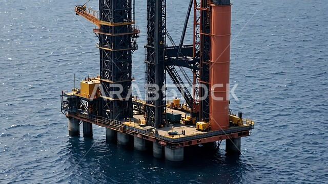 استخراج وتصدير الثروات الباطنية، منصفة نفط لاستنباط الزيوت, حفارة تقوم بالتنقيب عن النفط وسط البحر في المملكة العربية السعودية, آلات حفر ضخمة , جودة الأدوات والمعدات لصناعة وتخزين البترول