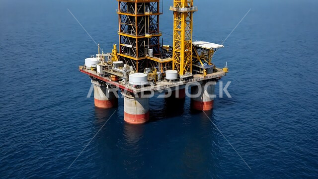 استخراج وتصدير الثروات الباطنية، منصفة نفط لاستنباط الزيوت, حفارة تقوم بالتنقيب عن النفط وسط البحر في المملكة العربية السعودية, آلات حفر ضخمة , جودة الأدوات والمعدات لصناعة وتخزين البترول
