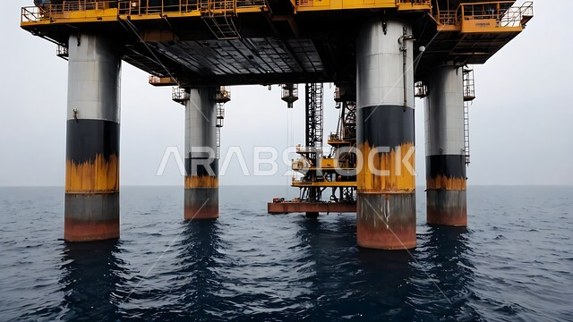 استخراج وتصدير الثروات الباطنية، منصفة نفط لاستنباط الزيوت, حفارة تقوم بالتنقيب عن النفط وسط البحر في المملكة العربية السعودية, آلات حفر ضخمة , جودة الأدوات والمعدات لصناعة وتخزين البترول