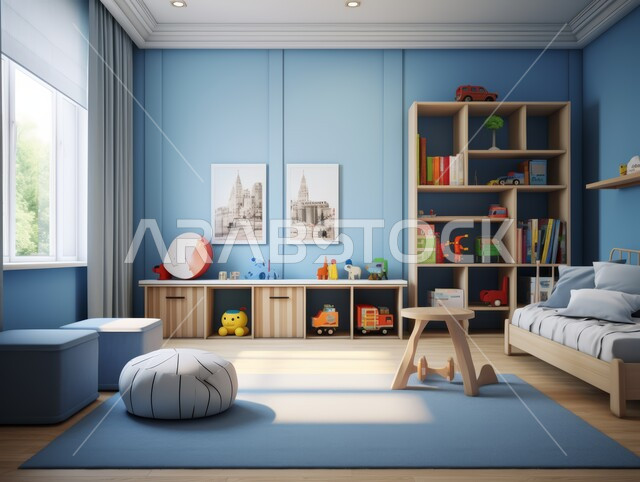 الديكورات الراقية للفلل والشقق السكنية في المملكة العربية السعودية ،التصاميم الداخلية لغرف النوم على الطراز الحديث ،غرفة نوم أطفال حديثة باللونين الأزرق والأبيض ،اكسسوارات وتحف عصرية ،كرسي وطاولة للدراسة ،أثاث أنيق ومريح ،النوافذ والواجهات الزجاجية