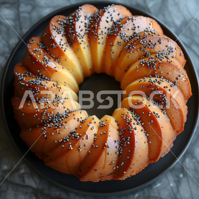 قالب من الكيك الهش المصنوع في المنزل، كاتو اسفنجي ذو شكل مميز مزين بحبات السمسم، مخبوزات شعبية طازجة، احتراف فن إعداد المعجنات و الشهية السهلة والسريعة، مخابز عربية خليجية سعودية،  طاولة فطور صحية ولذيذة