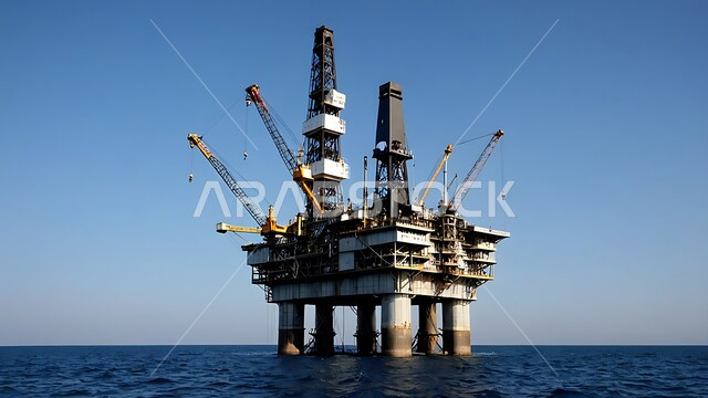 حفارة تقوم بالتنقيب عن النفط وسط البحر في المملكة العربية السعودية, استخراج وتصدير الثروات الباطنية، منصفة نفط لاستنباط الزيوت, آلات حفر ضخمة , جودة الأدوات والمعدات لصناعة وتخزين البترول