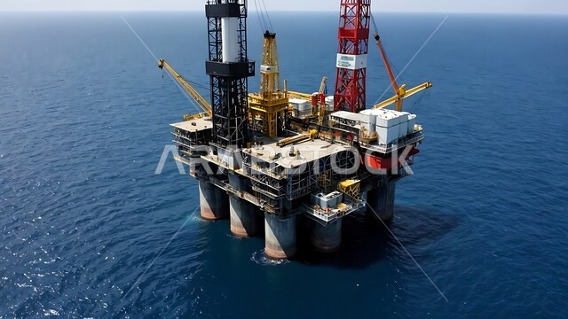 حفارة تقوم بالتنقيب عن النفط وسط البحر في المملكة العربية السعودية, استخراج وتصدير الثروات الباطنية، منصفة نفط لاستنباط الزيوت, آلات حفر ضخمة , جودة الأدوات والمعدات لصناعة وتخزين البترول