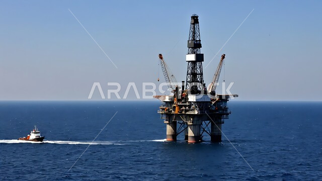 حفارة تقوم بالتنقيب عن النفط وسط البحر في المملكة العربية السعودية, استخراج وتصدير الثروات الباطنية، منصفة نفط لاستنباط الزيوت, آلات حفر ضخمة , جودة الأدوات والمعدات لصناعة وتخزين البترول