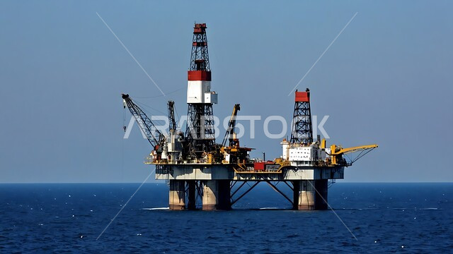 حفارة تقوم بالتنقيب عن النفط وسط البحر في المملكة العربية السعودية, استخراج وتصدير الثروات الباطنية، منصفة نفط لاستنباط الزيوت, آلات حفر ضخمة , جودة الأدوات والمعدات لصناعة وتخزين البترول