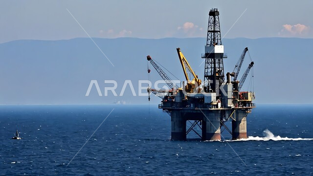 حفارة تقوم بالتنقيب عن النفط وسط البحر في المملكة العربية السعودية, استخراج وتصدير الثروات الباطنية، منصفة نفط لاستنباط الزيوت, آلات حفر ضخمة , جودة الأدوات والمعدات لصناعة وتخزين البترول