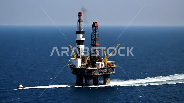 حفارة تقوم بالتنقيب عن النفط وسط البحر في المملكة العربية السعودية, استخراج وتصدير الثروات الباطنية، منصفة نفط لاستنباط الزيوت, آلات حفر ضخمة , جودة الأدوات والمعدات لصناعة وتخزين البترول