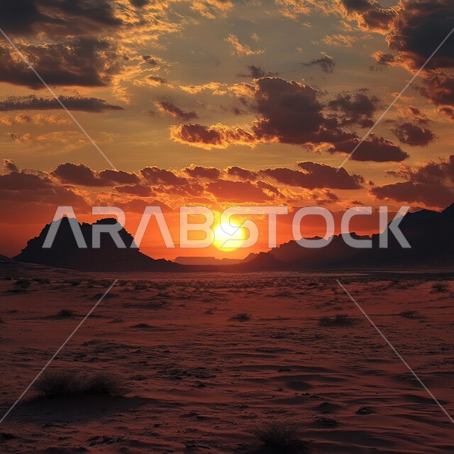 منظر صحراوي شاسع لحظة غروب الشمس، المرتفعات و التضاريس والقمم الجبلية في البراري، الهضاب و التلال من الرمال الناعمة الذهبية، التشكلات و التكوينات الرملية في صحراء المملكة العربية السعودية، مناطق البادية والبيئة الطبيعية الصحراوية في وقت الغروب ,خلفية الطبيعة