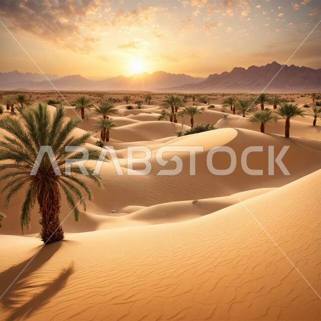 أشجار النخيل الخضراء في مناطق البادية والبيئة الطبيعية الصحراوية وقت غروب الشمس، التكوينات والتشكلات الرملية في صحراء المملكة العربية السعودية، المرتفعات و التضاريس في البراري، الهضاب و التلال من الرمال الناعمة الذهبية، خلفية الطبيعة