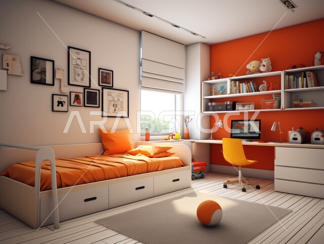 الديكورات الراقية للفلل والشقق السكنية في المملكة العربية السعودية ،التصاميم الداخلية لغرف النوم على الطراز الحديث ،غرفة نوم حديثة باللونين البرتقالي والأحمر ،اكسسوارات وتحف عصرية ،كرسي وطاولة للدراسة ،أثاث أنيق ومريح ،النوافذ والواجهات الزجاجية