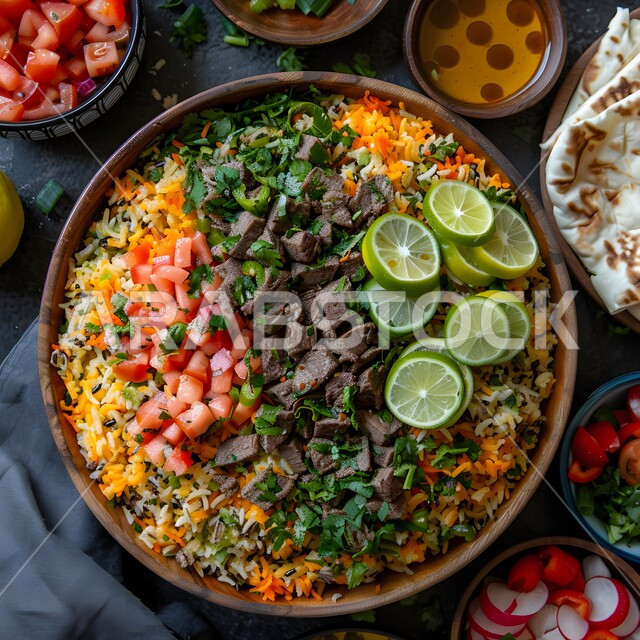 المقبلات الباردة والسلطات بقطع اللحم والدجاج والسلمون، فنون التقديم في مطاعم ومطابخ المملكة العربية السعودية، أطباق من المأكولات العربية التقليدية الشعبية، وصفات طعام شهية صحية لذيذة، مفهوم الولائم والعزائم، طبق من الخضار المشكلة المتنوعة الألوان والأشكال مع اللحومات