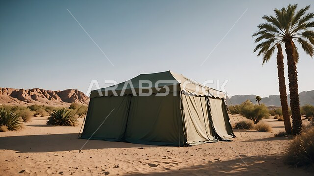 Popular Bedouin tent in the middle of the desert, having a good time camping in the deserts of Saudi Arabia, a youth desert session under a palm tree, the terrain and soft golden sand in broad daylight, tourist camps in the wilderness areas