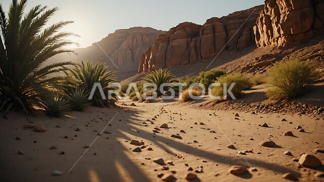 Popular Bedouin tent in the middle of the desert, having a good time camping in the deserts of Saudi Arabia, a youth desert session under a palm tree, the terrain and soft golden sand in broad daylight, tourist camps in the wilderness areas