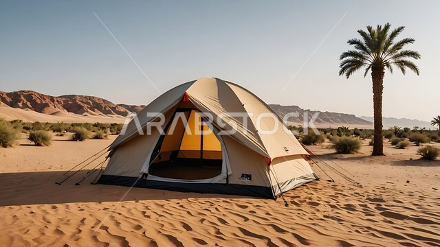 خيمة بدوية شعبية وسط الصحراء، قضاء أوقات ممتعة بالتخييم في صحاري المملكة العربية السعودية, جلسة بر شبابية تحت شجرة نخيل، التضاريس والرمال الذهبية الناعمة في وضح النهار، مخيمات سياحية في المناطق البرية