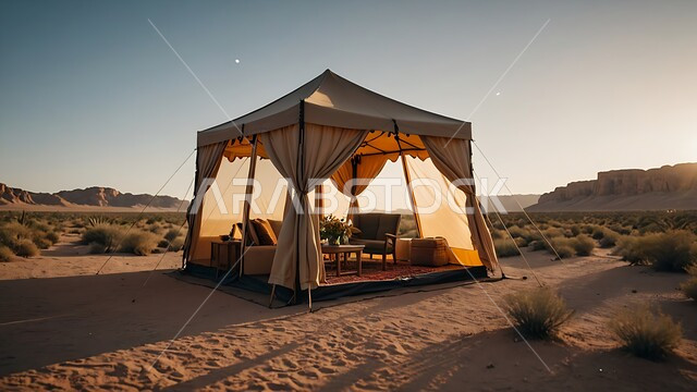 خيمة بدوية شعبية وسط الصحراء، قضاء أوقات ممتعة بالتخييم في صحاري المملكة العربية السعودية, جلسة بر شبابية ، التضاريس والرمال الذهبية الناعمة في وضح النهار، مخيمات سياحية في المناطق البرية