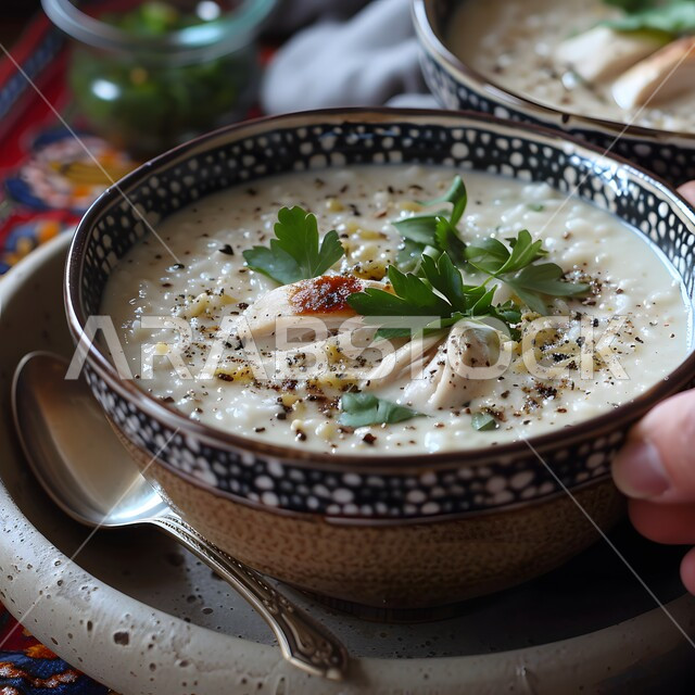 فنون التقديم في مطاعم ومطابخ المملكة العربية السعودية، وصفات طعام شهية صحية لذيذة، أطباق من المأكولات العربية التقليدية الشعبية، مفهوم الولائم والعزائم، صورة مقربة لطبق من الحساء الكريمي مع قطع الدجاج واللحومات الدسمة المزين بأوراق البقدونس الخضراء البقدونس