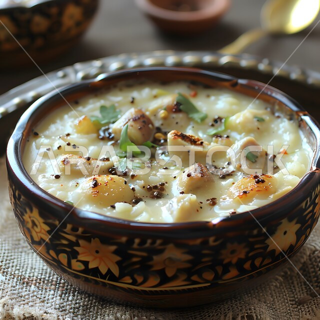 فنون التقديم في مطاعم ومطابخ المملكة العربية السعودية، وصفات طعام شهية صحية لذيذة، أطباق من المأكولات العربية التقليدية الشعبية، مفهوم الولائم والعزائم، صورة مقربة لطبق من الحساء الكريمي مع قطع الدجاج واللحومات الدسمة المزين بأوراق البقدونس الخضراء البقدونس