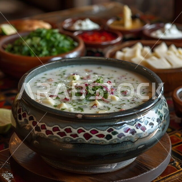  فنون التقديم في مطاعم ومطابخ المملكة العربية السعودية، وصفات طعام شهية صحية لذيذة، أطباق من المأكولات العربية التقليدية الشعبية، مفهوم الولائم والعزائم، صورة مقربة لطبق من الحساء الكريمي مع قطع الدجاج واللحومات الدسمة المزين بحبات المكسرات