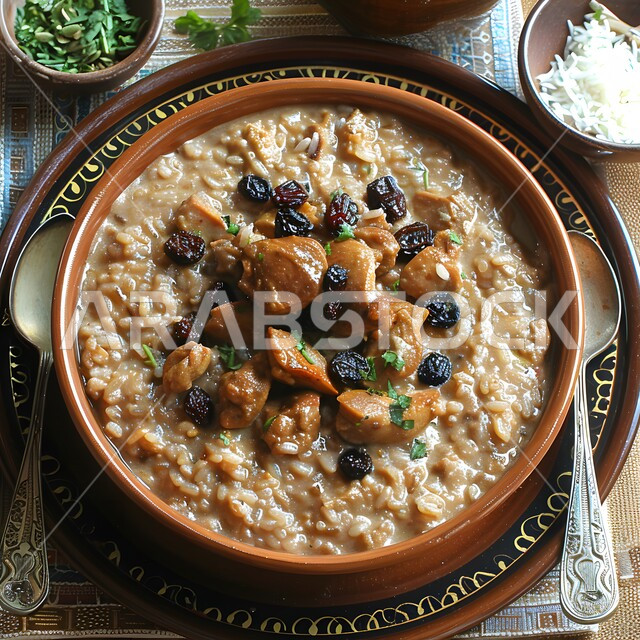  فنون التقديم في مطاعم ومطابخ المملكة العربية السعودية، وصفات طعام شهية صحية لذيذة، أطباق من المأكولات العربية التقليدية الشعبية، مفهوم الولائم والعزائم، صورة مقربة لطبق من الحساء الكريمي مع قطع الدجاج واللحومات الدسمة المزين بحبات المكسرات