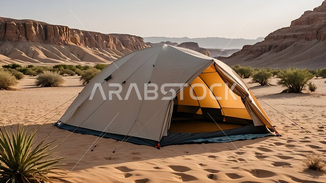خيمة بدوية شعبية وسط الصحراء، قضاء أوقات ممتعة بالتخييم في صحاري المملكة العربية السعودية, جلسة بر شبابية ، التضاريس والرمال الذهبية الناعمة في وضح النهار، مخيمات سياحية في المناطق البرية