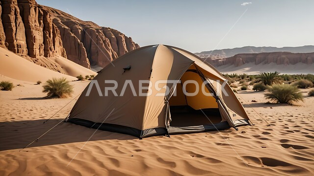 خيمة بدوية شعبية وسط الصحراء، قضاء أوقات ممتعة بالتخييم في صحاري المملكة العربية السعودية, جلسة بر شبابية ، التضاريس والرمال الذهبية الناعمة في وضح النهار، مخيمات سياحية في المناطق البرية