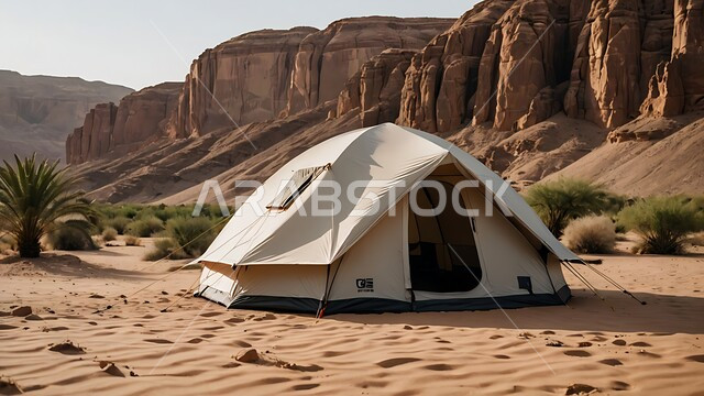 خيمة بدوية شعبية وسط الصحراء، قضاء أوقات ممتعة بالتخييم في صحاري المملكة العربية السعودية, جلسة بر شبابية ، التضاريس والرمال الذهبية الناعمة في وضح النهار، مخيمات سياحية في المناطق البرية