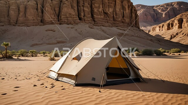 خيمة بدوية شعبية وسط الصحراء، قضاء أوقات ممتعة بالتخييم في صحاري المملكة العربية السعودية, جلسة بر شبابية ، التضاريس والرمال الذهبية الناعمة في وضح النهار، مخيمات سياحية في المناطق البرية