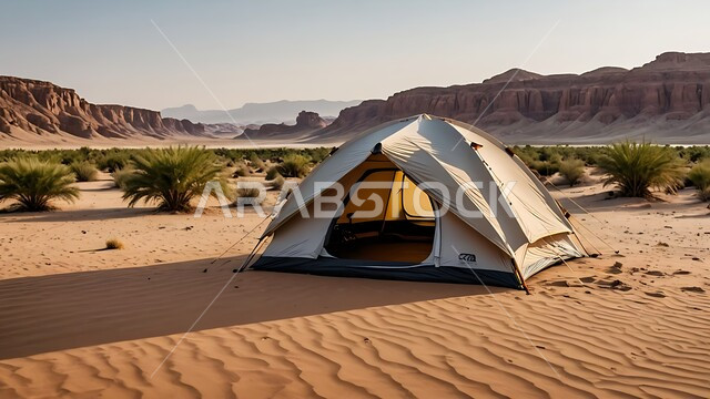 خيمة بدوية شعبية وسط الصحراء، قضاء أوقات ممتعة بالتخييم في صحاري المملكة العربية السعودية, جلسة بر شبابية ، التضاريس والرمال الذهبية الناعمة في وضح النهار، مخيمات سياحية في المناطق البرية