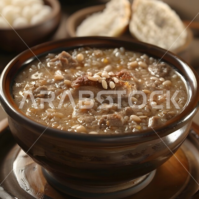  فنون التقديم في مطاعم ومطابخ المملكة العربية السعودية، وصفات طعام شهية صحية لذيذة، أطباق من المأكولات العربية التقليدية الشعبية، مفهوم الولائم والعزائم، صورة مقربة لطبق من الحساء بالمرق مع قطع اللحما الدسمة